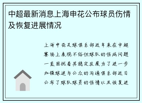 中超最新消息上海申花公布球员伤情及恢复进展情况