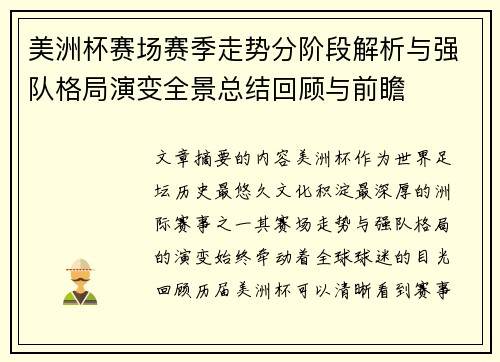 美洲杯赛场赛季走势分阶段解析与强队格局演变全景总结回顾与前瞻